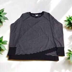 Danskin Women Activewear Top Large Black White Striped T-Shirt Faux Wrap Tee